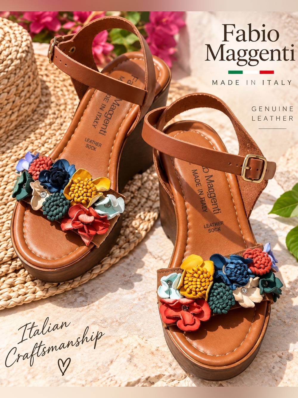 Fabio Maggenti Made in Italy Leather 3D Floral WMNS Wedge Sandals NWT Size 8